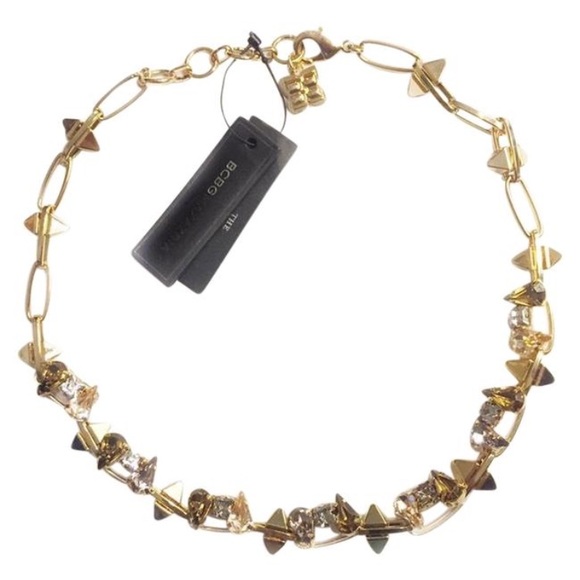 BCBG NECKLACE CHAIN COLLAR GOLD TONED SPIKE PINK PAPER CLIP LINK